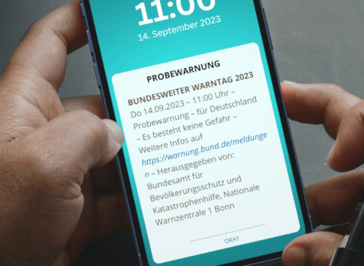 Probewarnung des BBK per Cell Broadcast zum bundesweiten Warntag 2023.